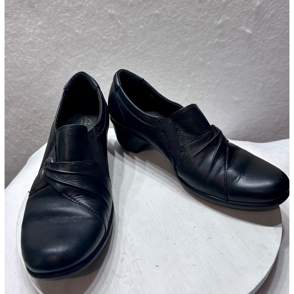 Clarks Bendables Womens Black Leather Pleated Slip On Loafers Low Block Heel 8W